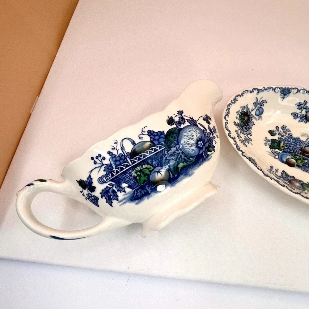 Mason's Ironstone Gravy Boat with‎ Saucer: Blue Fruit Basket Chinoiserie
